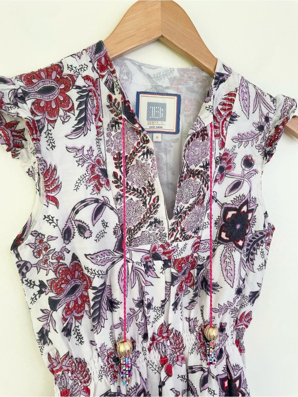 Bell by Alicia Bell Floral Block Print Tassel Ruffle Dress Cotton 8Y Purple Red